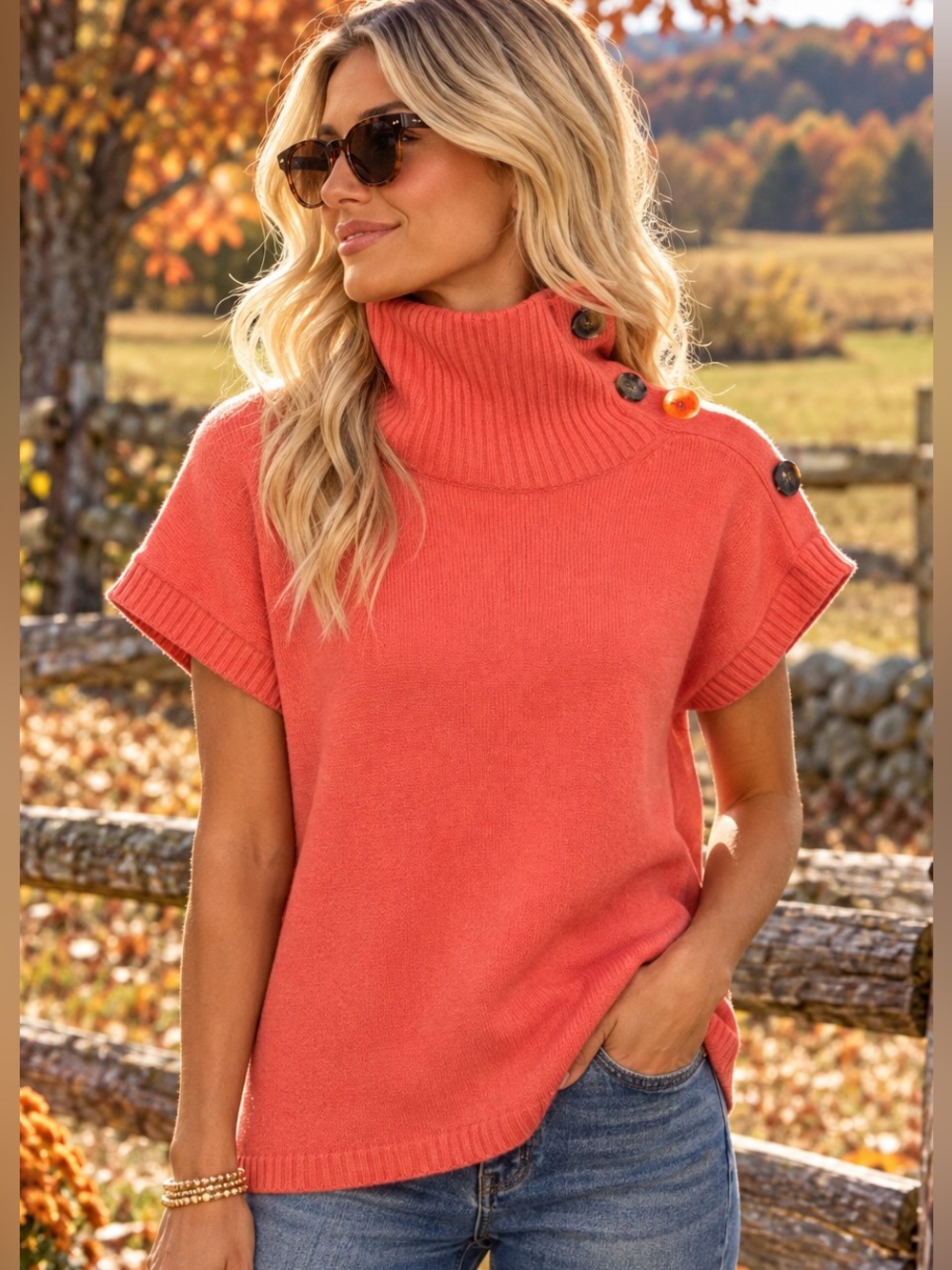 Theory 100% Cashmere Sweater M Coral Orange Turtleneck Button Short Sleeve Fall